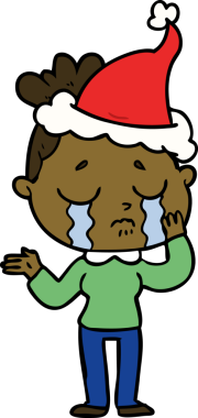 Bir insan tarafından çizilmiş Noel Baba şapkası takan ağlayan bir kadının el çizimi.