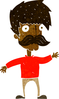 Bir insan tarafından çizilmiş bıyıklı bir çizgi film adamı.