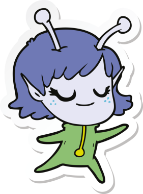 Bir insan tarafından çizilmiş gülümseyen uzaylı bir kızın çıkartması.