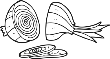 Bir insan tarafından çizilmiş siyah beyaz karikatür dilimlenmiş soğan.