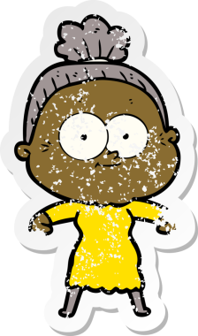 Bir insan tarafından çizilmiş mutlu, yaşlı bir kadının sıkıntılı çıkartması.