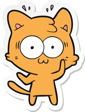 Bir çizgi film çıkartması. Bir insan tarafından çizilmiş, şaşırmış bir kedi.