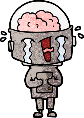 Bir insan tarafından çizilmiş ağlayan robot çizgi film.