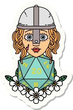 İnsan dövüşçüsünün çıkartması. Bir insan tarafından çizilmiş 20 D20 zarlı.