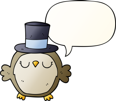 bir insan tarafından çizilmiş yumuşak eğimli konuşma baloncuklu silindir şapka giyen baykuş.