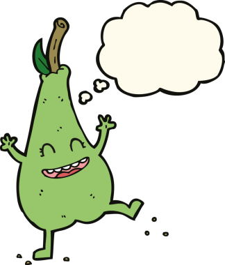 Bir insan tarafından çizilmiş düşünce baloncuğuyla dans eden mutlu bir armut.