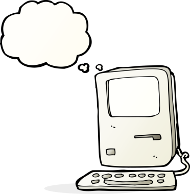 Bir insan tarafından çizilmiş düşünce baloncuklu eski bir bilgisayar.