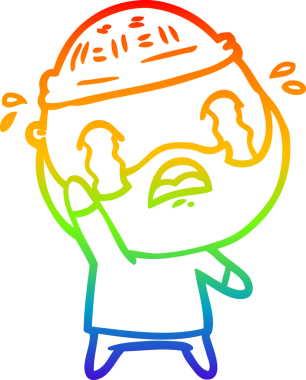 Çizgi film karakteri sakallı bir adamın çizdiği gökkuşağı gradyanı bir insan tarafından çizilmiş el sallayarak veda ediyor.