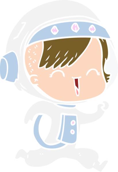 Bir insan tarafından çizilmiş mutlu düz renkli çizgi film kızı.