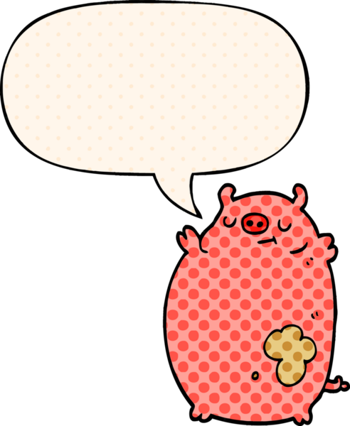 Çizgi roman tarzında konuşan şişko domuz bir insan tarafından çizilmiş.