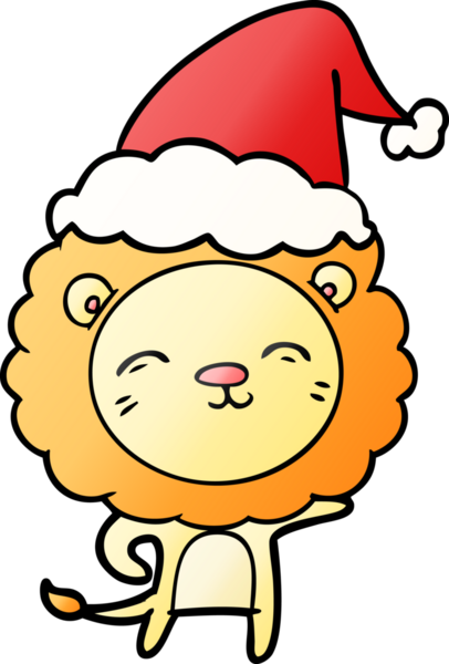 Bir insan tarafından çizilmiş Noel Baba şapkası giymiş bir aslanın el çizimi karikatürü.