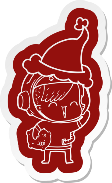 Bir insan tarafından çizilmiş Noel Baba şapkası giymiş, elinde ay taşı tutan mutlu bir uzay kızının garip çizgi film çıkartması.