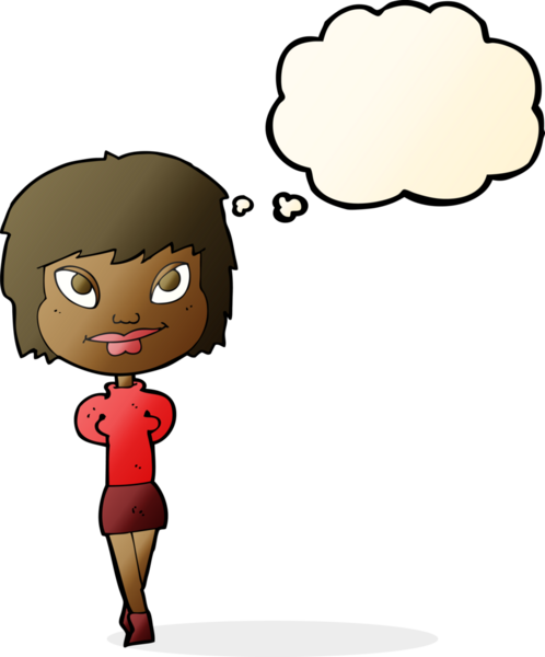 Bir insan tarafından çizilmiş düşünce balonlu mutlu kadın çizgi filmi.