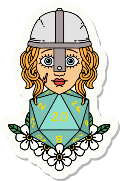 İnsan dövüşçüsünün çıkartması. Bir insan tarafından çizilmiş 20 D20 zarlı.