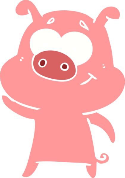 Bir insan tarafından çizilmiş mutlu düz renkli çizgi film domuzu