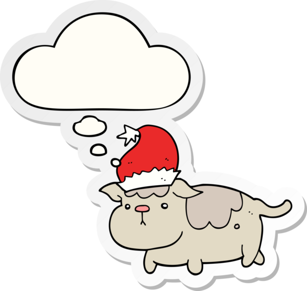 Düşünce baloncuğu insan tarafından çizilmiş bir çıkartma olan şirin bir Noel köpeği.