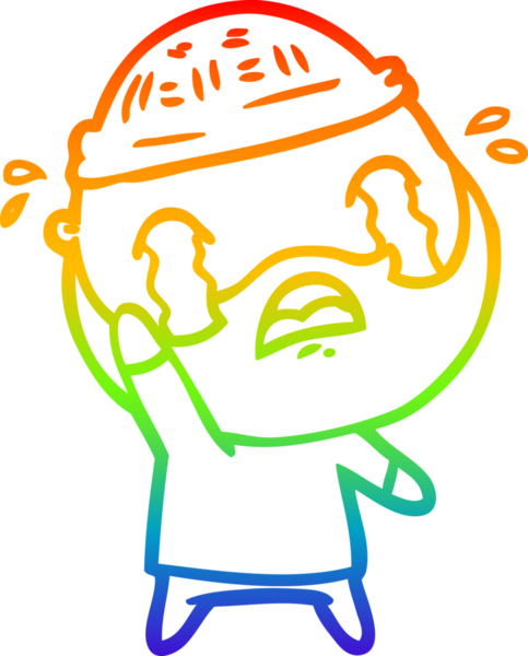 Çizgi film karakteri sakallı bir adamın çizdiği gökkuşağı gradyanı bir insan tarafından çizilmiş el sallayarak veda ediyor.