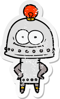 Bir insan tarafından çizilmiş ampullü mutlu bir robot çıkartması.