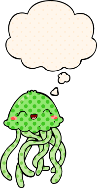 Çizgi roman tarzında bir insan tarafından çizilmiş düşünce baloncuğu olan tatlı denizanası çizgi filmi.