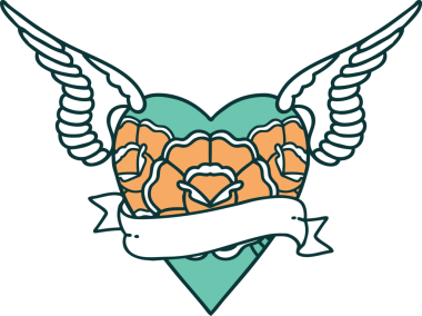 Kanatlı, çiçek ve bir insan tarafından çizilmiş bir kalbin ikonik dövme görüntüsü.