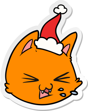 Bir insan tarafından çizilmiş Noel Baba şapkası giymiş kedi suratlı bir karikatür.