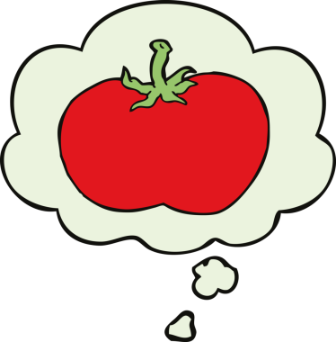 Bir insan tarafından çizilmiş düşünce baloncuklu domates.