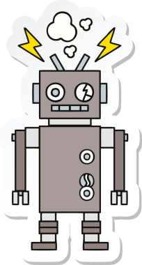 Bir insan tarafından çizilmiş arızalı sevimli bir robot karikatürü çıkartması.