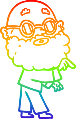 Gökkuşağı gradyan çizgi çizimi. Bir insan tarafından çizilmiş sakallı ve gözlüklü meraklı bir adamın çizimi.