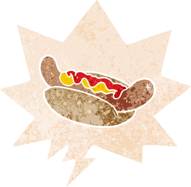 grunge 'da konuşma baloncuğu olan çizgi film sosislisi bir insan tarafından çizilmiş sıkıntılı retro dokuma tarzı.