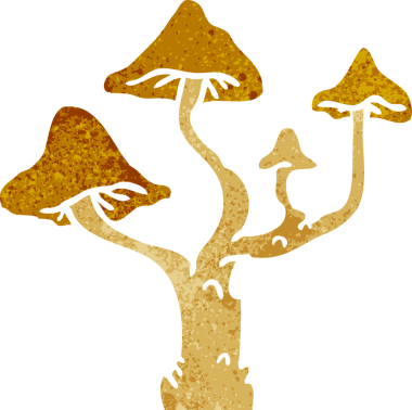 Bir insan tarafından çizilmiş büyüyen mantarların el çizimi karikatürü.