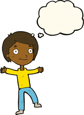 Bir insan tarafından çizilmiş düşünce baloncuğu olan heyecanlı çocuk.