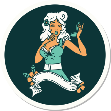 Geleneksel bir poster stiliyle dövme çıkartması. Bir insan tarafından çizilmiş pankartıyla şaşırmış bir kız.