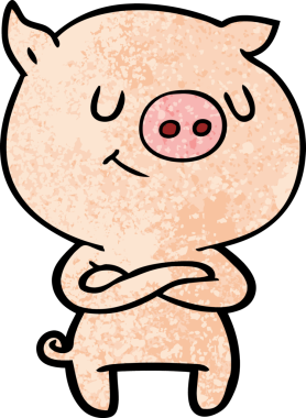 Bir insanın çapraz kollarıyla çizdiği mutlu çizgi film domuzu.