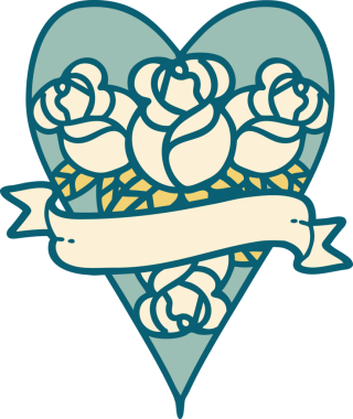 İkonik dövme stili bir kalp ve bir insan tarafından çizilmiş çiçekli pankart.