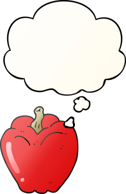 Düşünce baloncuğu olan karikatür biberi bir insan tarafından çizilmiş.