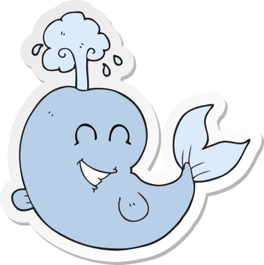 Bir insan tarafından çizilmiş su püskürten bir karikatür balinasının etiketi.