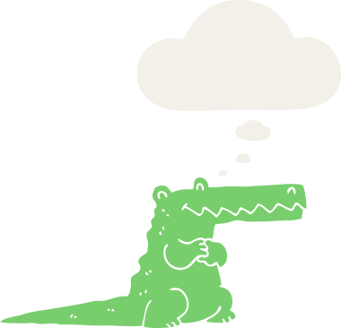 Düşünce baloncuklu çizgi film timsahı insan tarafından çizilmiş.