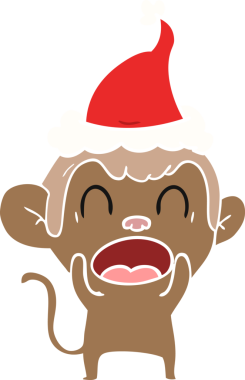 Bir insan tarafından çizilmiş Noel Baba şapkası takan bir maymunun düz renkli çizimi.