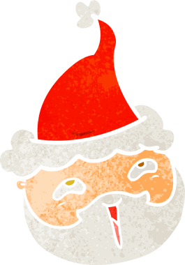 Bir insan tarafından çizilmiş Noel Baba şapkası takan sakallı bir erkek yüzü.