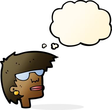 Bir insan tarafından çizilmiş düşünce baloncuklu gözlüklü kadın yüzü.