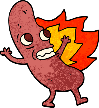 Grunge desenli çizim çizgi film. Bir insan tarafından çizilmiş alevli sosisli.