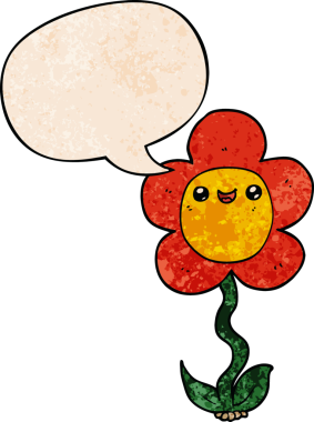 Konuşma baloncuğu olan karikatür çiçeği insan tarafından çizilmiş eski moda dokular.