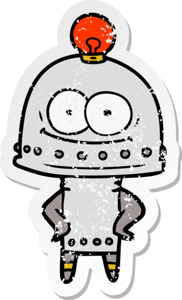 Bir insan tarafından çizilmiş ampullü mutlu bir robot çıkartması.