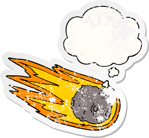 Düşünce baloncuklu çizgi film kuyruklu yıldızı bir insan tarafından çizilmiş yıpranmış bir çıkartma.