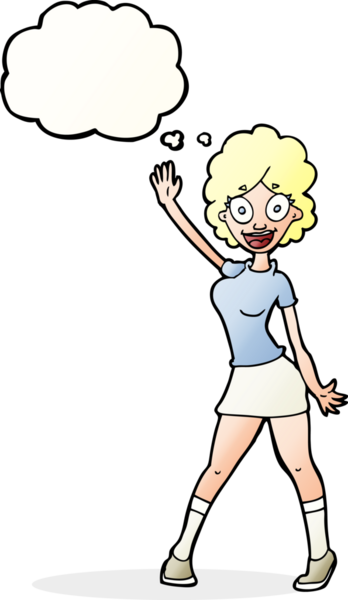 Bir insan tarafından çizilmiş düşünce baloncuğuyla dans eden çizgi film kadını.