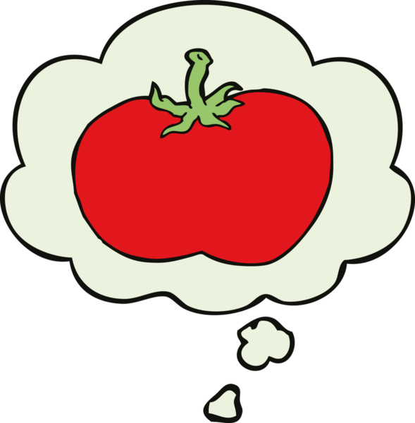 Bir insan tarafından çizilmiş düşünce baloncuklu domates.