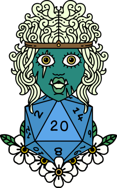 Retro Dövme Tarzı Ork barbarlığı. Bir insan tarafından çizilmiş doğal yirmi zar.