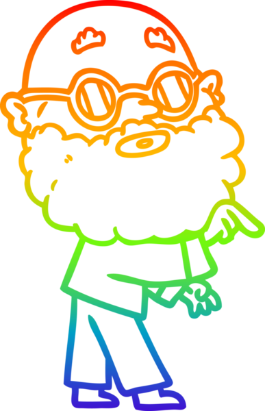 Gökkuşağı gradyan çizgi çizimi. Bir insan tarafından çizilmiş sakallı ve gözlüklü meraklı bir adamın çizimi.