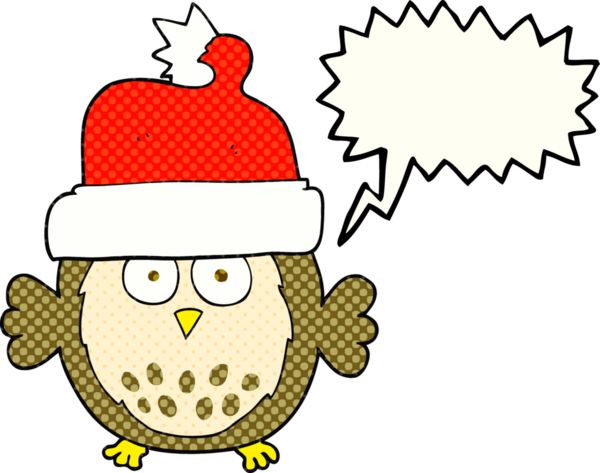 Bir insan tarafından çizilmiş noel şapkası giyen bir baykuş çizilmiş.