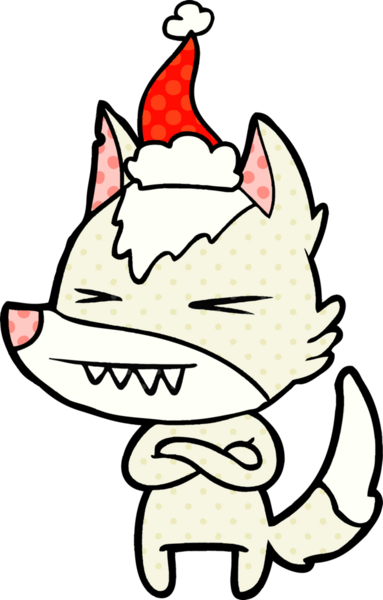 Kızgın kurt el, bir insan tarafından çizilmiş Noel Baba şapkasının çizgi roman çizimi.